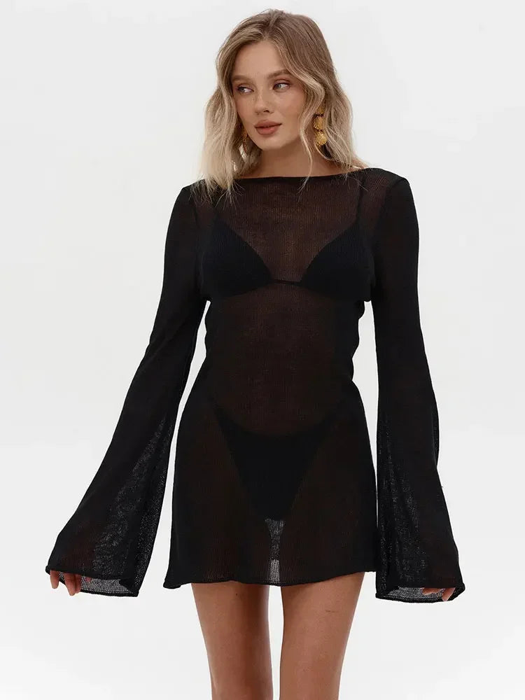 Summer Seaside Women's Solid Knit Mini Dress Cover Up Backless Bell Sleeve See Through Short Dress Beach Swimsuit Cover Up