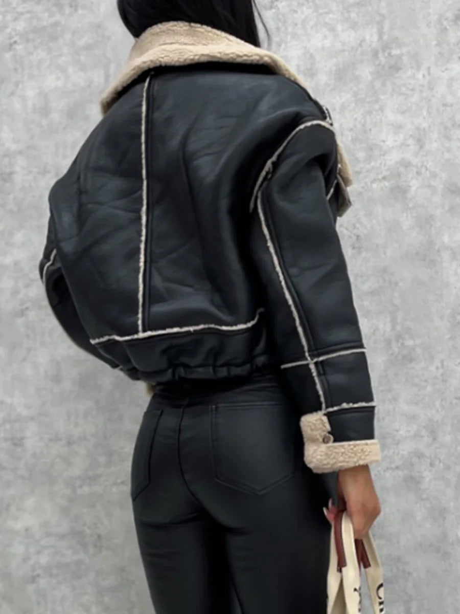 Winter Coat Stylish Long Sleeve Jacket with Zipper Closure and Patchwork Design Featuring Warm Outwear