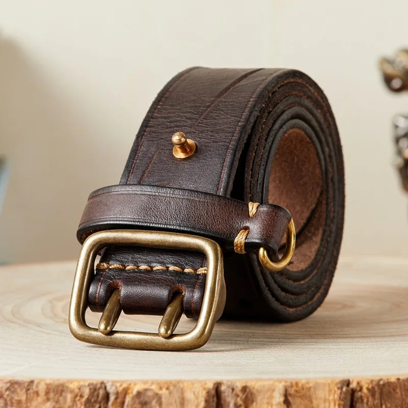 100% Pure Cowhide 3.8cm Wide Luxury Thick Genuine Leather Belt  Double Pin Buckle
