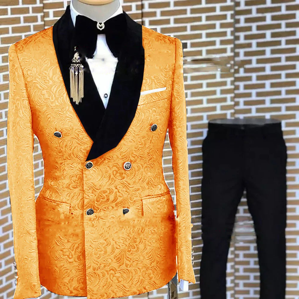 Gray Formal Suit for Men Floral Jacket Pants 2 Piece Set Tuxedo Elegant Men's Suit Handsome Blazer