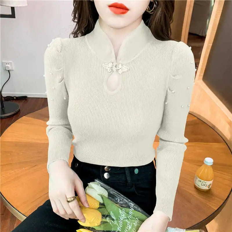 Button Beading Hollow Out Puff Sleeve Shirts