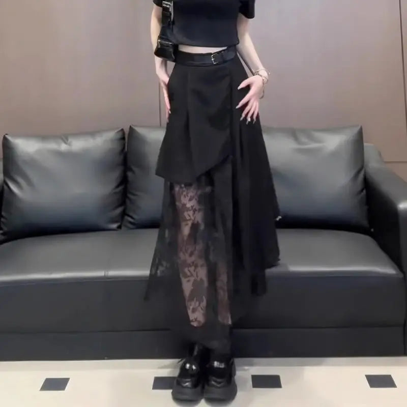 Long  High Waist  Lace Irregular A-line  Skirt