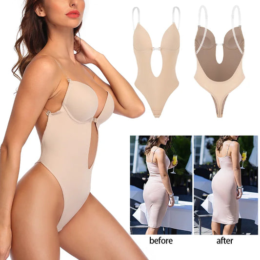 Thong Bodysuits Lingerie Backless Deep V Neck Shaper Invisible U Plunge Corset With Bras Shapewear