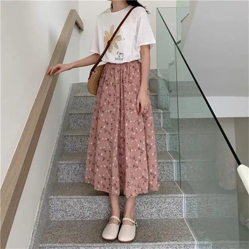 Vintage Floral Print A-line Pleated Long Skirts Summer Women Skirt Streetwear Drawstring Elastic Waist Midi Skirt