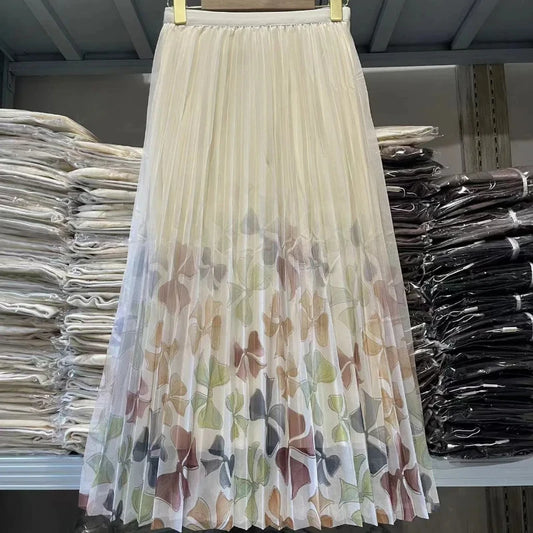 High Waisted Butterfly Printing  Gauze Pleated Casual Spring Autumn Knee Skirt