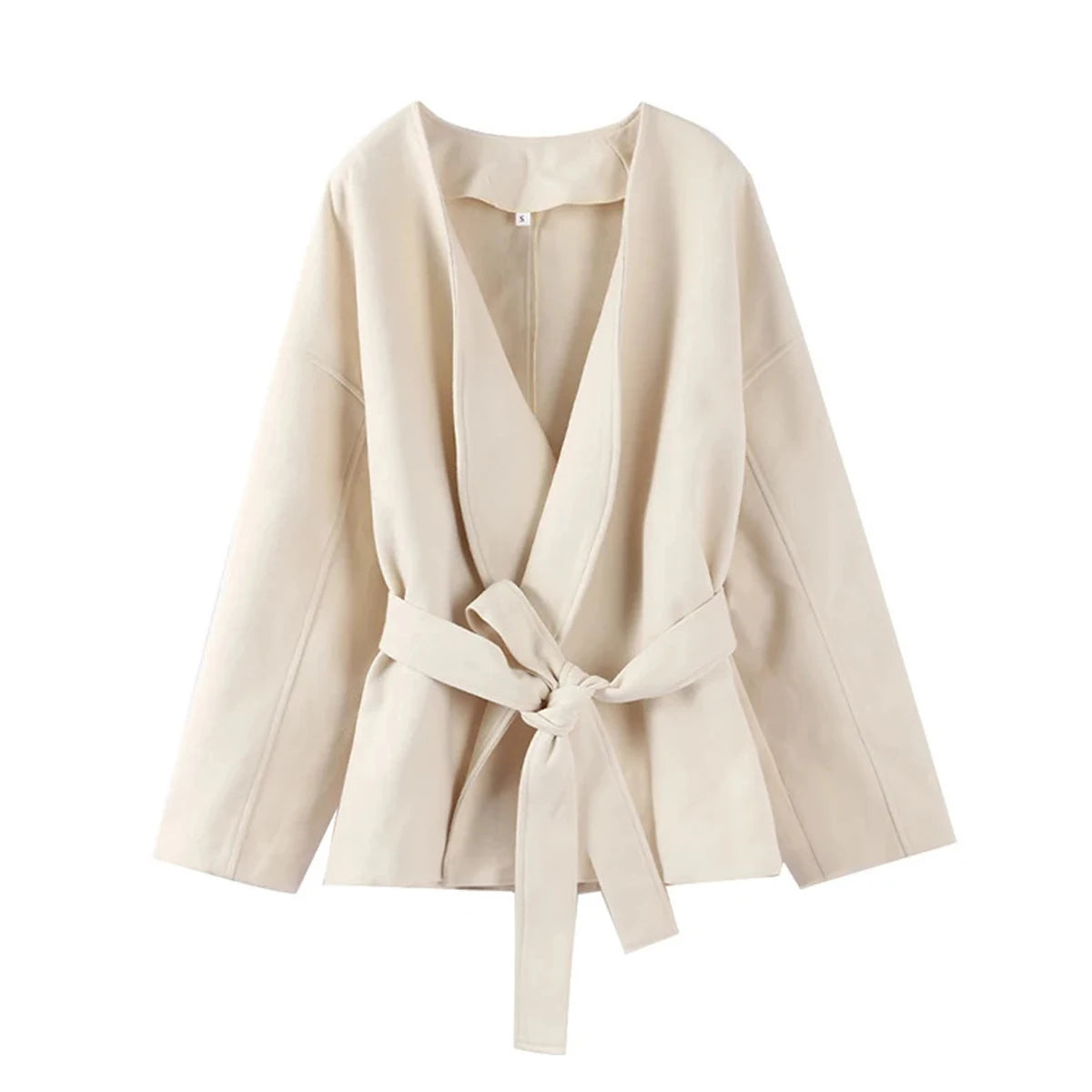 Fashion Solid  Fleece Coat Belt Elegant V-neck Long Sleeve Jacket