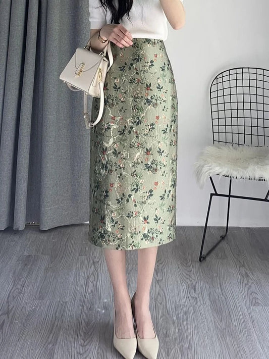 Flower Print Bodycon Pencil Skirt  Slim Fit Midi