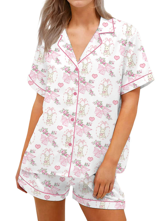 Women s Pajama Set with Cute Bunny Print Short Sleeve Button-up Top and Shorts 2 Piece Lounge Outfit