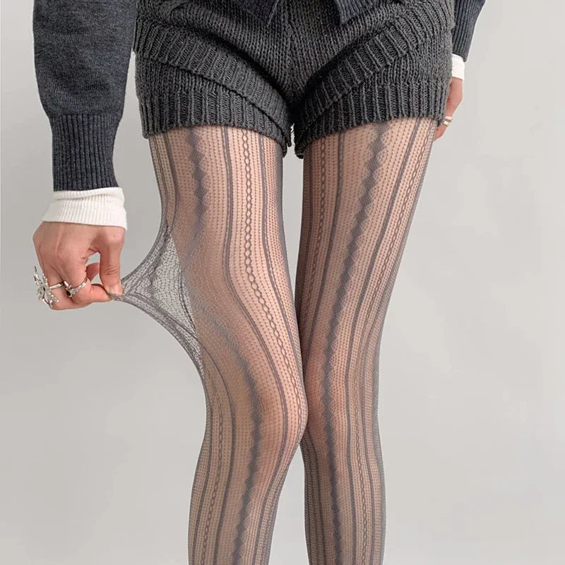 Women's Fishnet Tights Sexy Geometric Striped Pantyhose Rattan Mesh Lace Gothic Cute Seamless Fishnet Legging