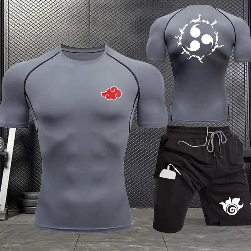 Jogging Breathable Compression Sportswear Summer Men's Training Two-piece Tight T-shirt Fitness Shorts Gym Workout Set S-3xl