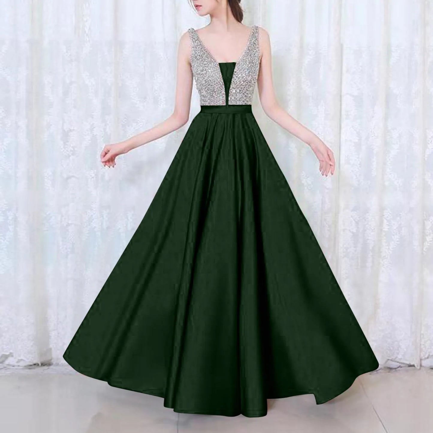 Fashion Sexy V-neck Sequin Evening Dress Women's Elegant Sleeveless High Waist Swing Hem Sparkly Dress Female Prom Dresses