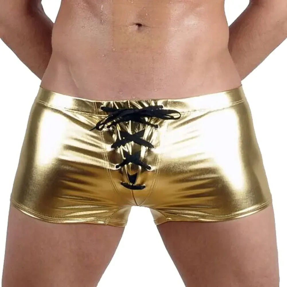 PU Leather Swimwear Mens Metallic Shiny Underpant Swim Boxers Beach Shorts Lace Up Underwear Bikinis Swimsuits Swimming Trunks