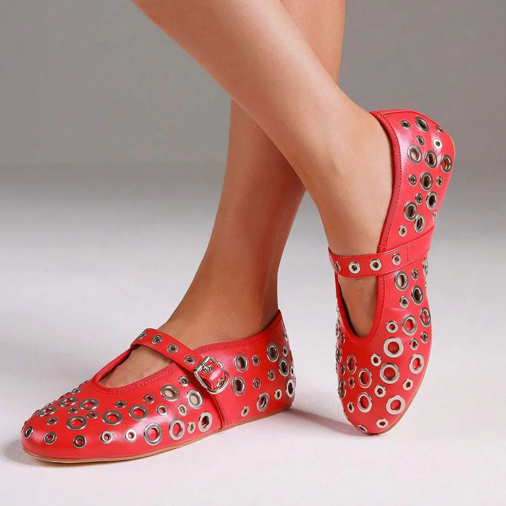 Ballet Flats with Buckle Strap Mesh Perforated Metal Studded Mary Jane