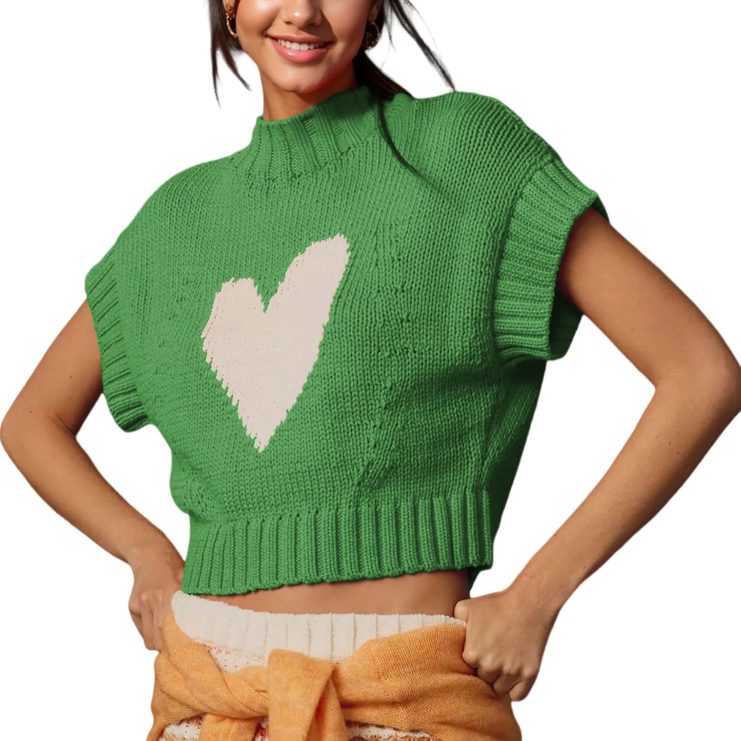 Women s Sleeveless Sweater Vest Heart Patterned O-Neck Knit Top Chic Street Style for Work or Weekend Outings