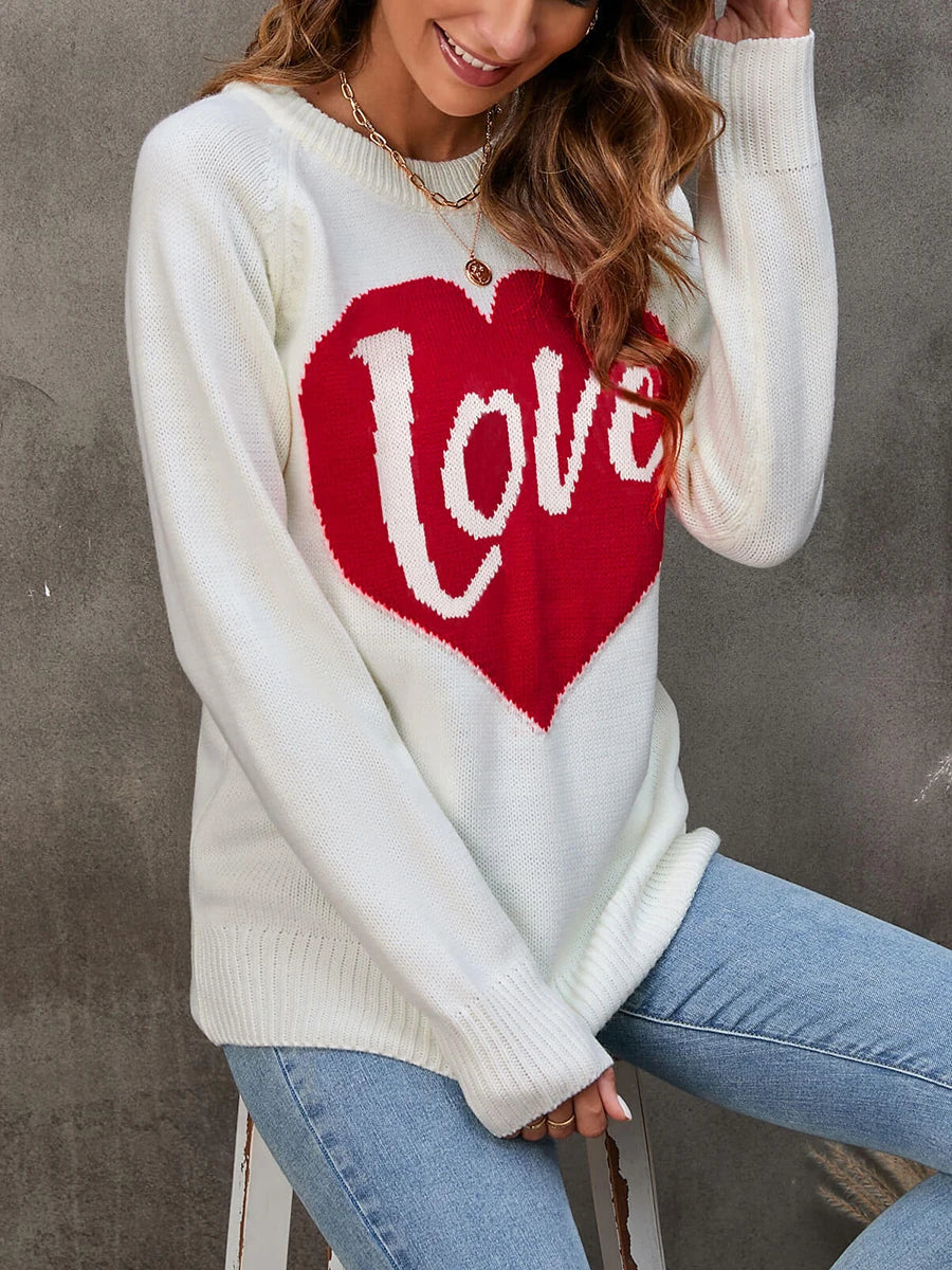 Women s Valentine s Day Heart Patterned Knit Pullover Sweater with Round Neck and Long Sleeves Cozy Loose Fit Casual