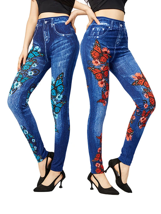 Leggings High Waist Elastic Butterfly Printed Pencil Pants Faux Denim Leggings