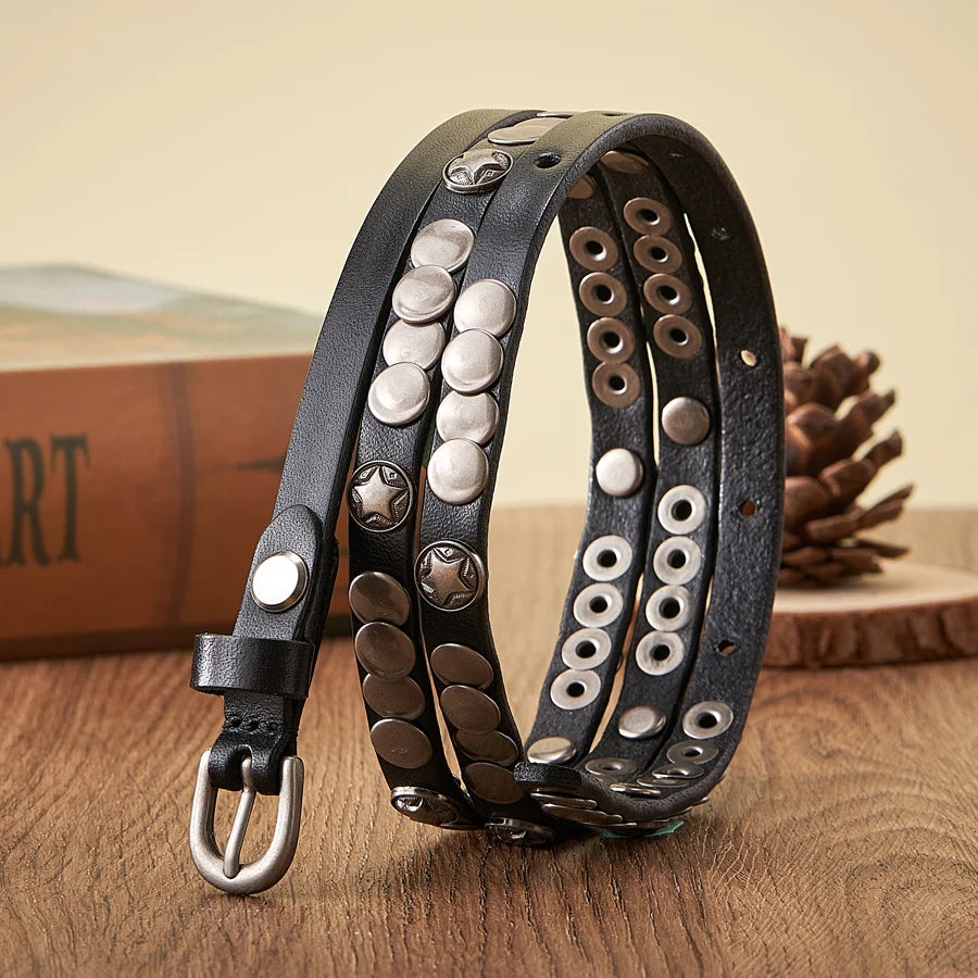 1CM Luxury Skirt Dress Rivet Belt  Genuine Leather Punk Decoration Thin Strap
