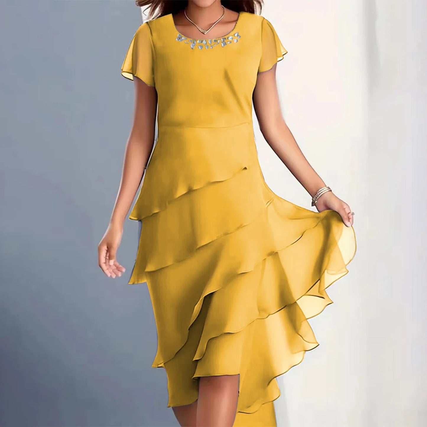Women's Summer Elegant Solid Color Ruffles Pleated Party Dress Fashion Diamonds Patchwork O-neck Swing Hem Evening Prom Dress