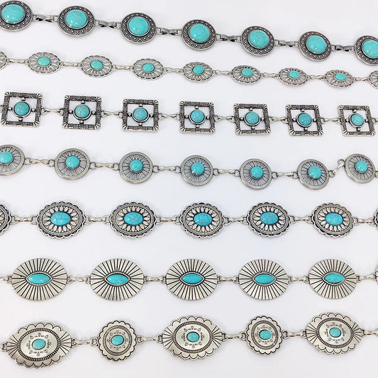 Fashion Silver Bohemian female circular waist chain luxury turquoise gemstone Ellipse chain belts for women
