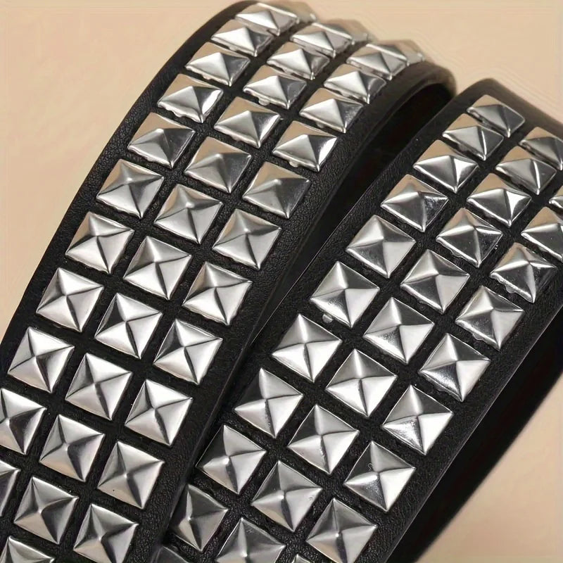 Rivet belt equipped with stainless steel square buckle, PU panel material, male and female pyramid rivet