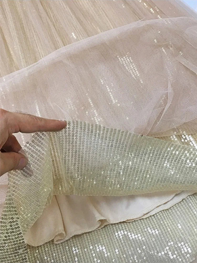 Sequined Pleated A Line Midi Skirt Chic High Waist