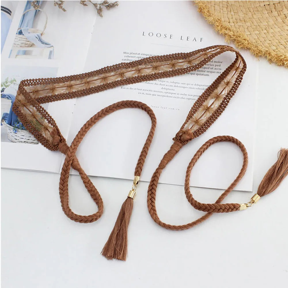 Ethnic Style Braided Woven Tassel Belt Boho Knot