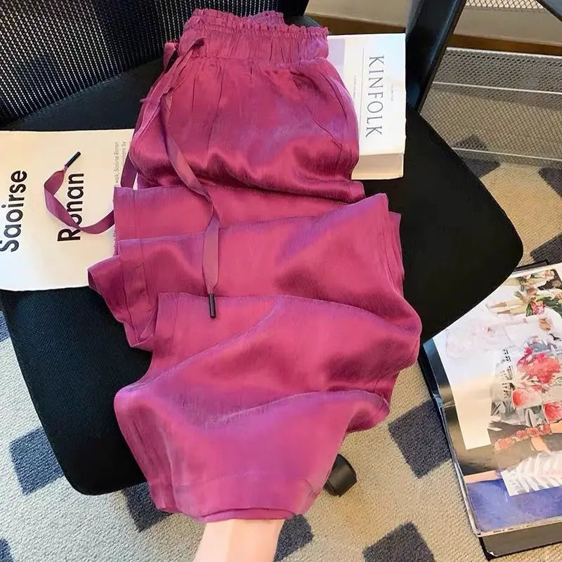 Ice Silk Wide Leg Pants  Summer Thin Satin Casual Pants Women's High Waisted Straight Leg Pants Long Trouser