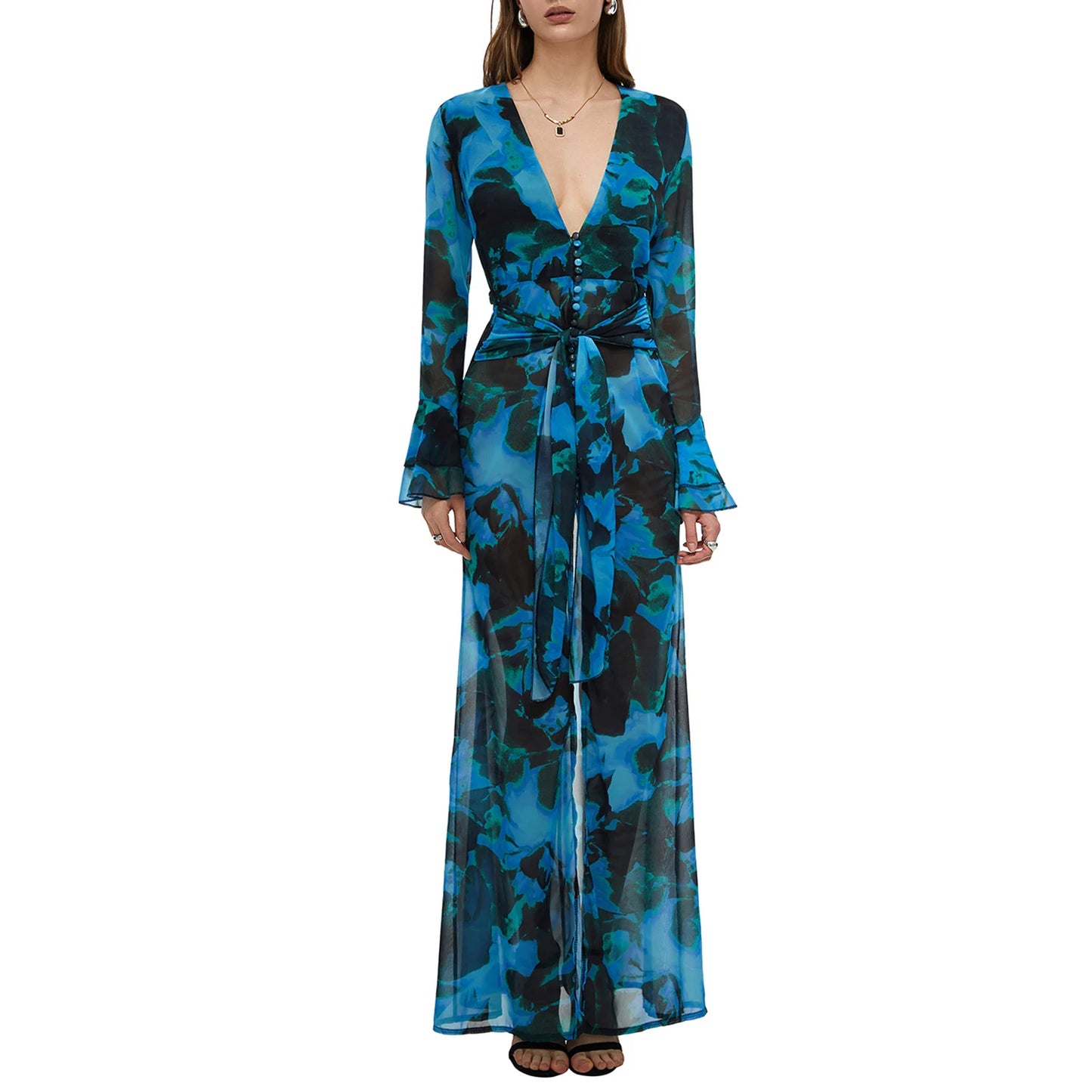 Women s Sunscreen Smock Dress Long Sleeve V Neck Print Split Waist Belt Pool Beach Dress