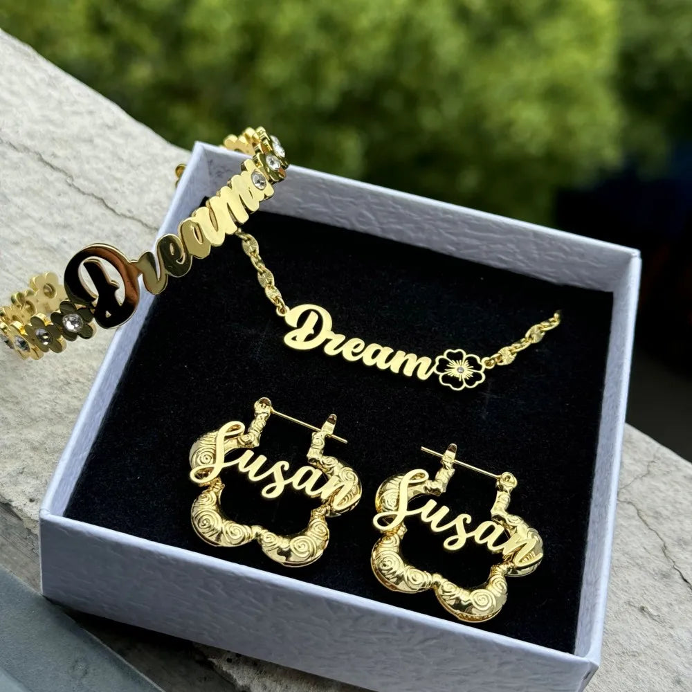 Custom Name Floral Set Birthstone Nameplate Necklace Zircon Bangles Flower Customized Letter Hoop Earrings