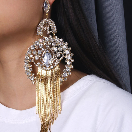 Exaggerated Rhinestone Water Drop Tassel Earrings Crystal Long Tassel Earring
