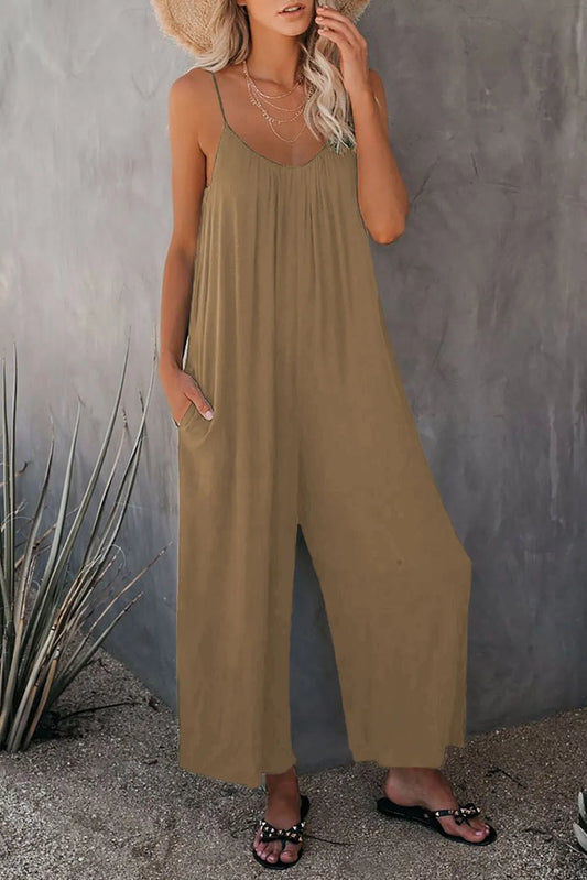 European and American Suspender  Women's Summer Foreign Trade Solid Color Pocket Casual Jumpsuit