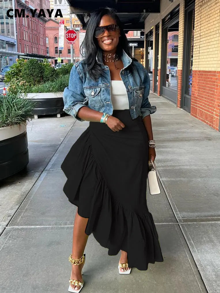 Ruffles Hem Asymmetrical High Waist Maxi Long Skirt