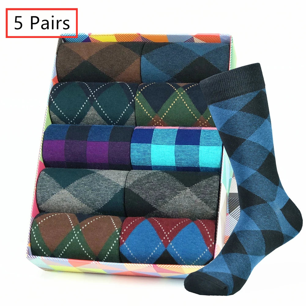 5pairs Mens Cotton Dress Black Argyle Pattern Crew Funny Socks for Men Gifts