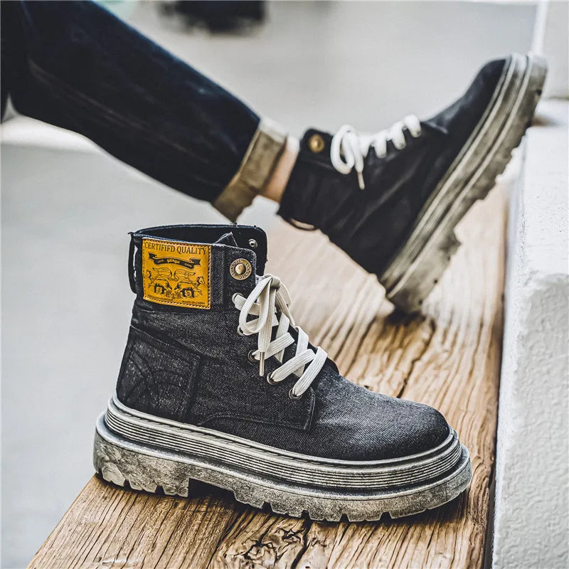 Retro Blue Denim Boots Men Lace-up Platform Men's Tooling Boots Western Basic Boots Men High Top Working Shoe Men Outdoor Boots