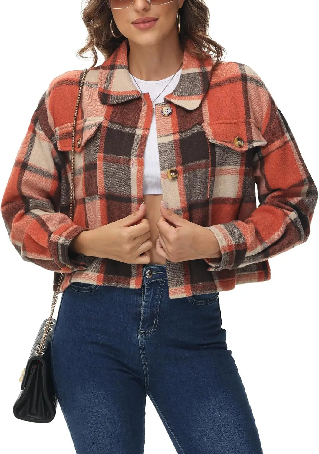 Oversized Plaid Shacket - Cozy Long Sleeve Button Down Jacket with Pockets Cropped