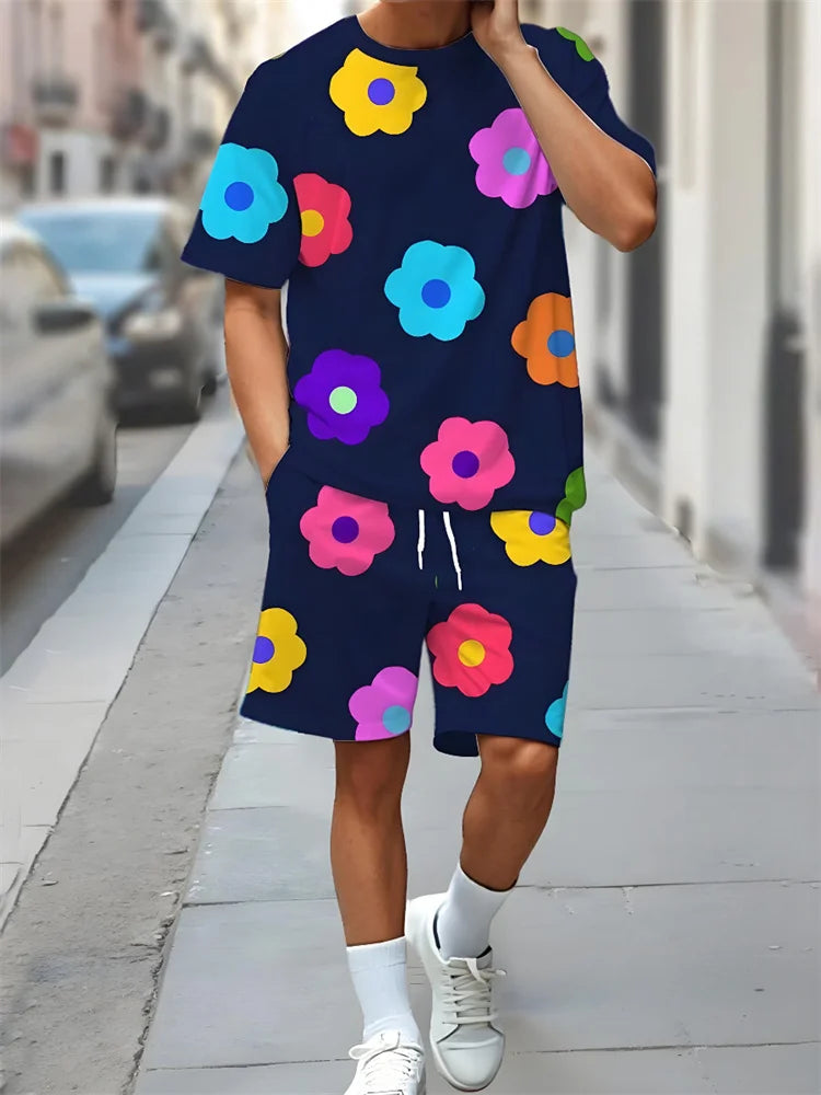 2 Piece Summer Casual Everyday Men's Short Sleeve Shorts Set Hawaiian Print Men's T-shirt Outdoor Sports Men's Beach Shorts