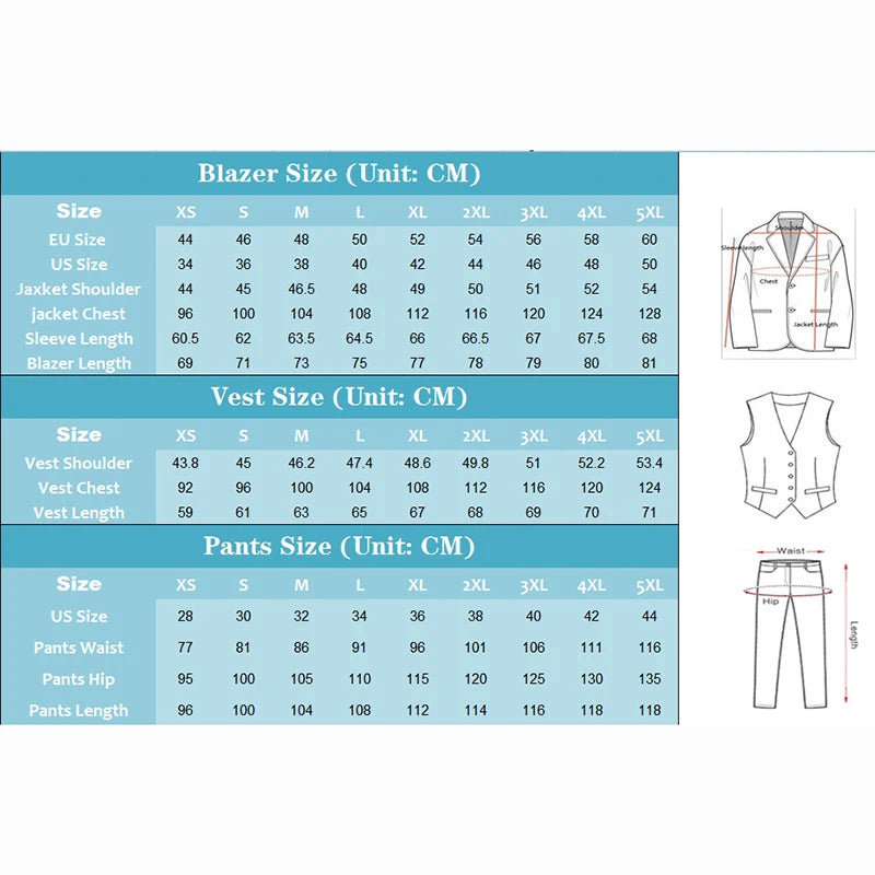 Luxury Men's Suits  Slim fit 3 Piece Jacket Pant With Vest Groom Wedding Tuxedo Formal Occasion