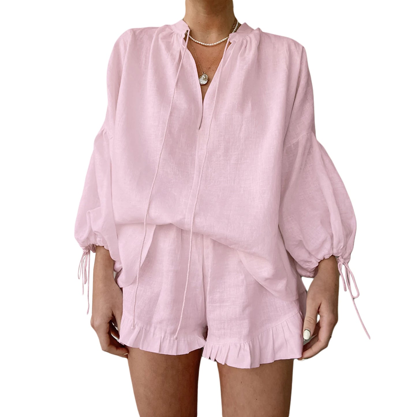 Casual Women s Summer Outfit Stylish Long Sleeve V-Neck Top with Tie-Up Detail and Elastic Waist Shorts Set for a Chic Look