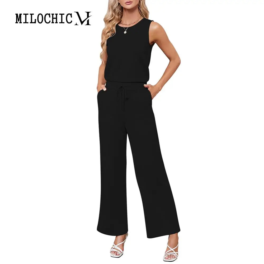 Women Summer Dressy Romper Casual Cotton Blended Crew Neck Romper Solid Color with Pockets Daily Outfit