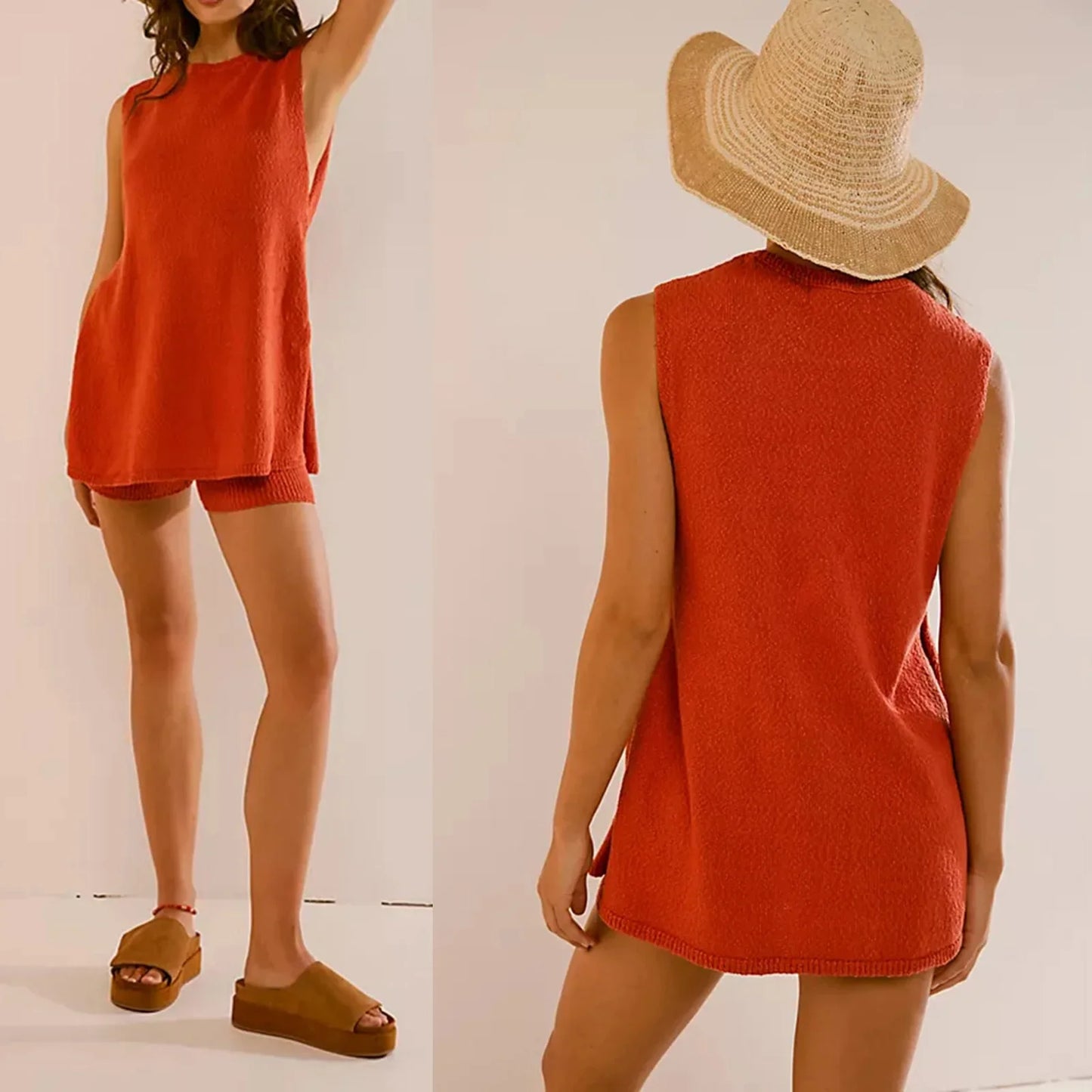 Women's Knitted Set Sleeveless Crew Neck High Slit Pullover Tank Tops with Elastic Waist Shorts Summer Outfits