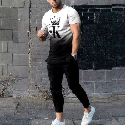 Summer King Letter 3D printed T-shirt and sports pants set for men's fashion sportswear, oversized short sleeved T-shirt and pants