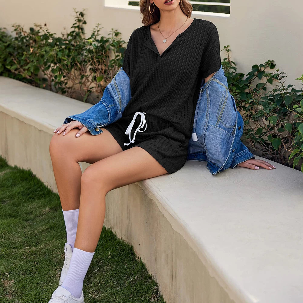 V Neck Short Sleeve Top Short Pants Women 2 Piece Lounge Sets Solid Color Drawstring Waist with Pockets
