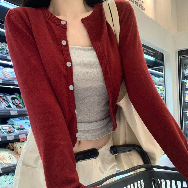 Cardigan Knit Early Autumn Women Clothes Outdoor Crop Sweater Outerwear Long Sleeve Top