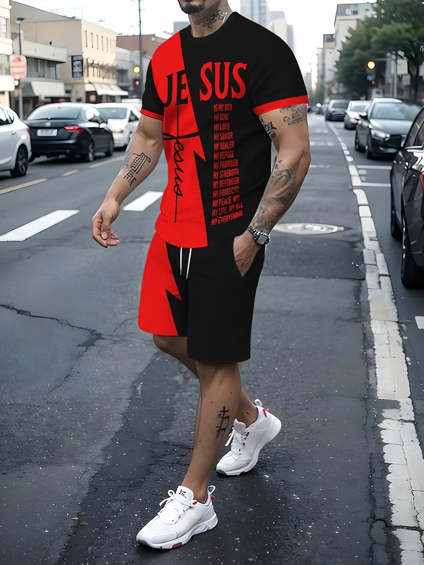 Summer men's short-sleeved T-shirt + shorts set, casual sportswear breathable outdoor casual men's T-shirt set for summer