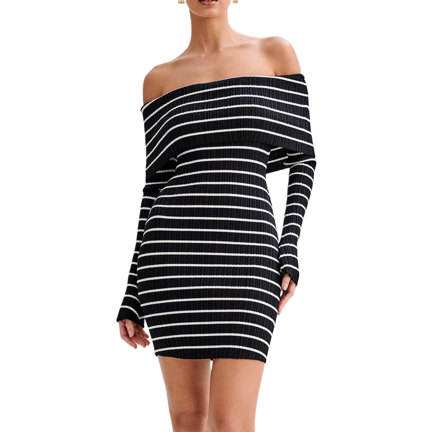 Striped Boat Neck Mini Dress with Long Sleeves and Off-Shoulder Design