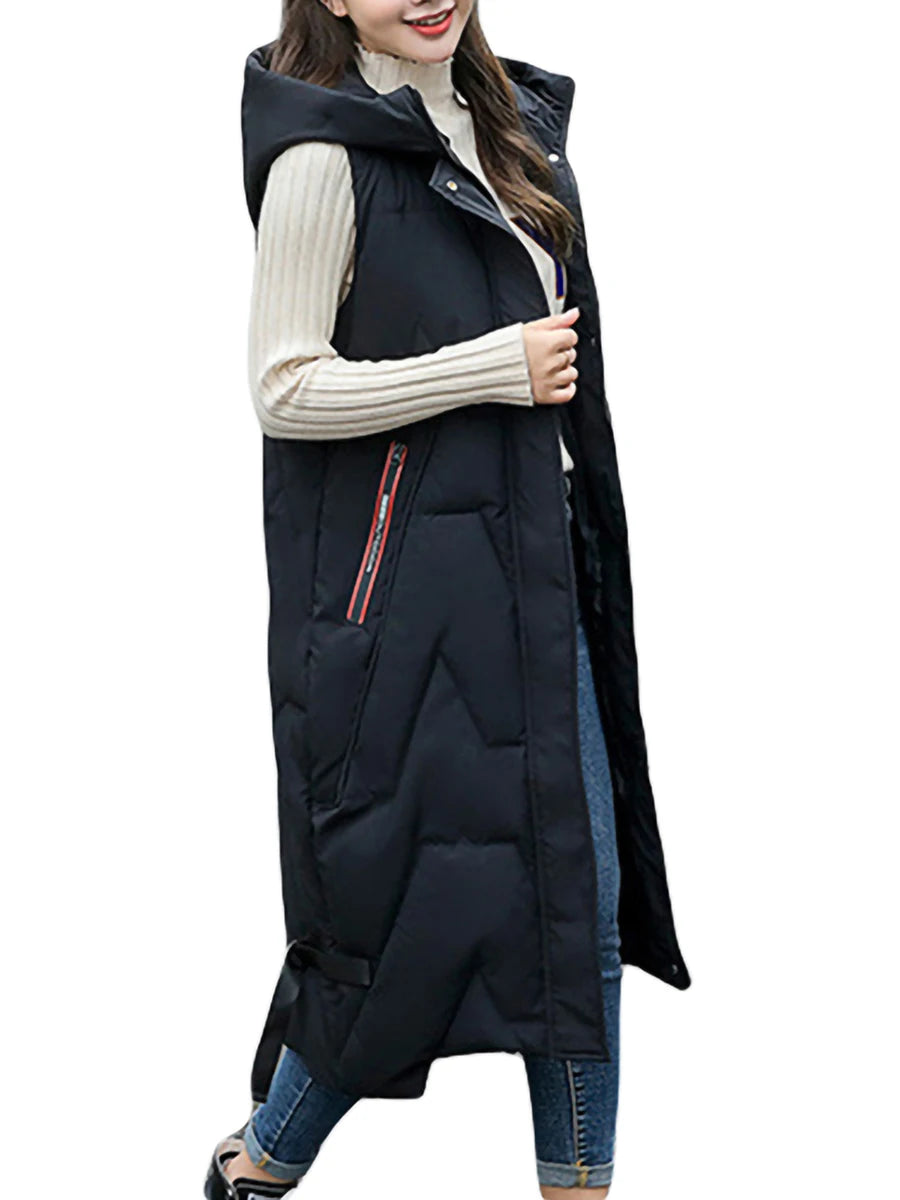 Quilted Puffer Vest with Hood Mid-Length Sleeveless Winter Waistcoat Zipper Closure Lightweight Down Coat