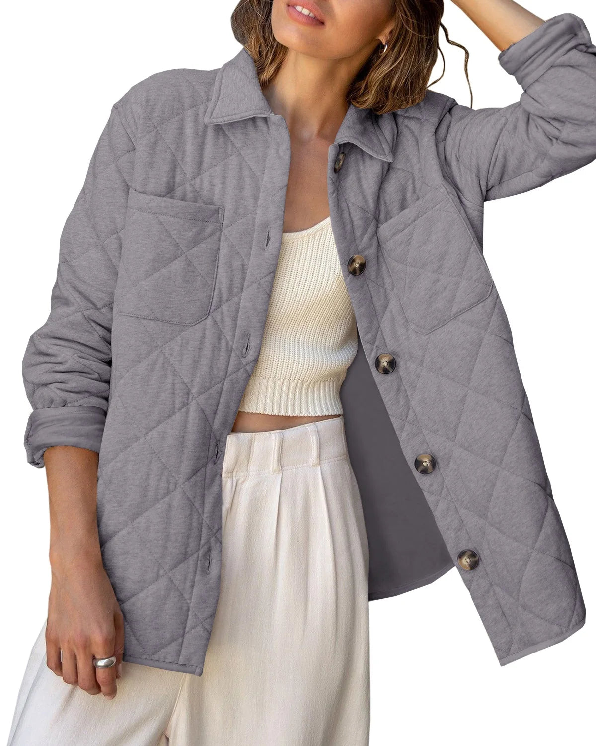 Lightweight Quilted Jackets Loose Casual Elegant Lapel Collared Single-breasted Warmth Jacket