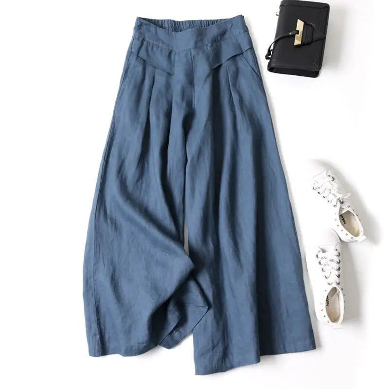 Summer Pants for Women Cotton Linen Large Size Wide Leg Pants Femme Arts Style Elastic Waist Solid Casual Loose
