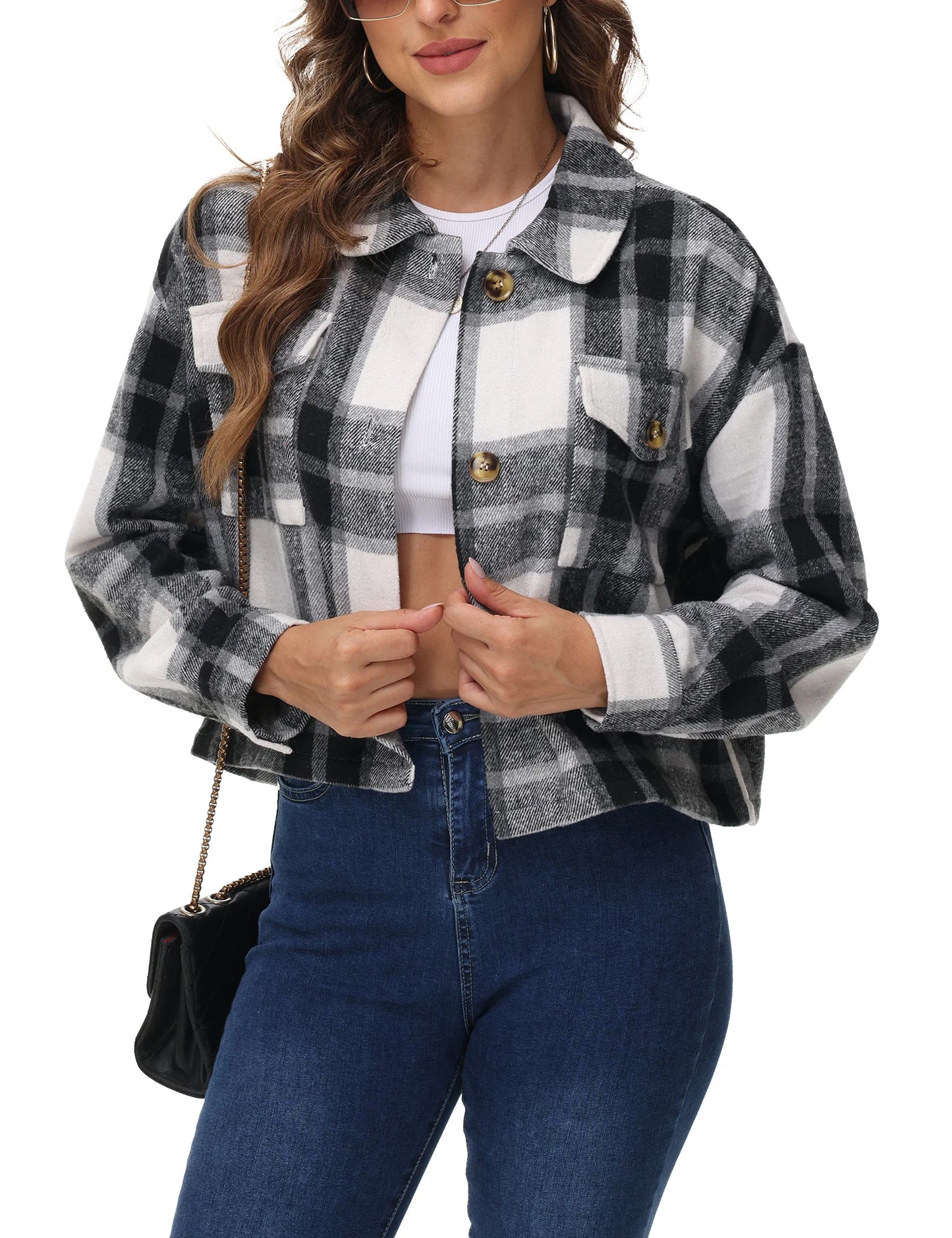 Oversized Plaid Shacket - Cozy Long Sleeve Button Down Jacket with Pockets Cropped