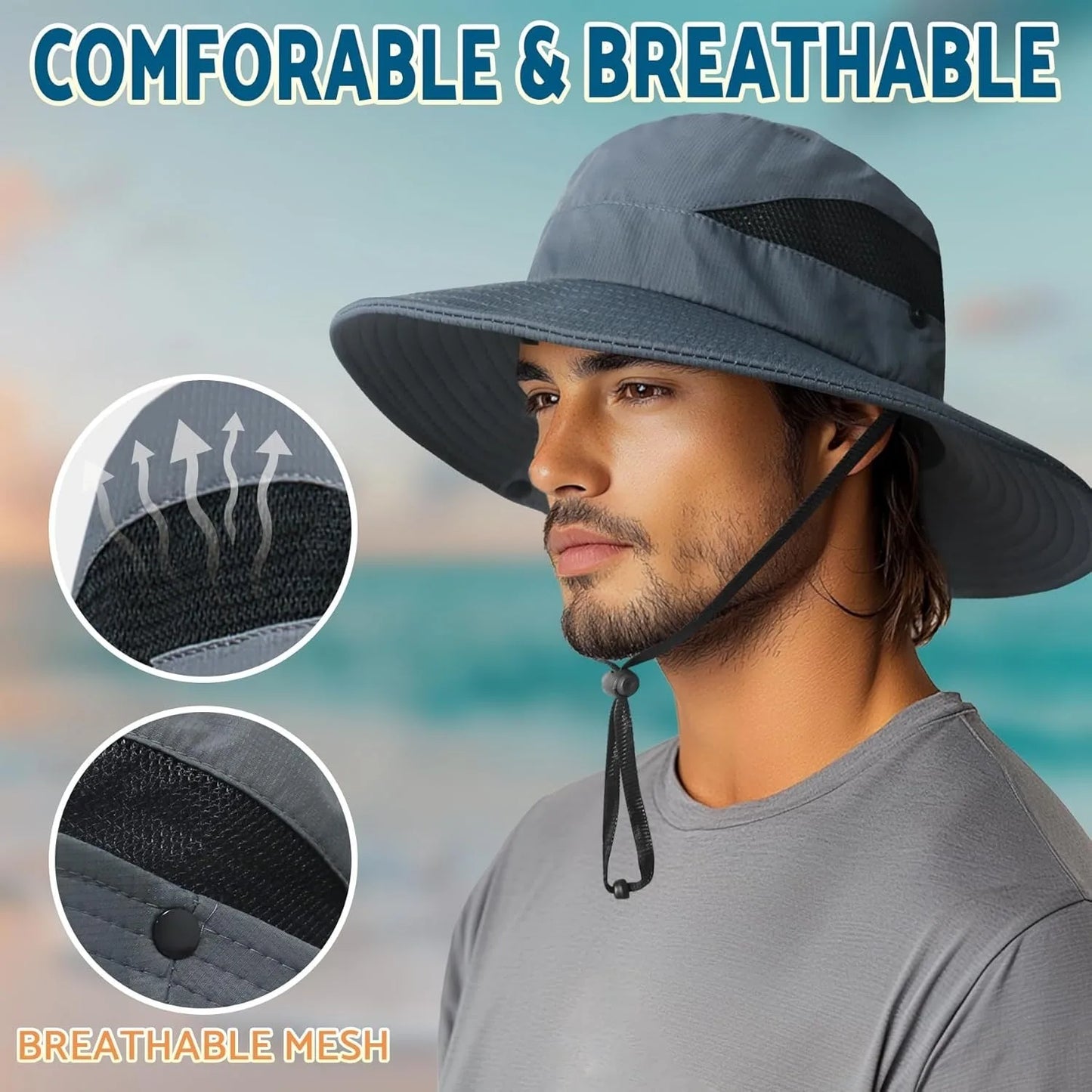 Sun Bucket Hat, male and female 3 "wide brimmed UPF 50+ bucket fishing and beach hat